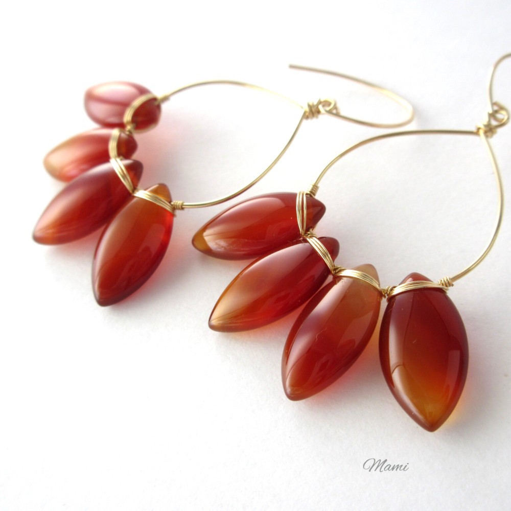 14KGF レッドアゲートのドロップラインピアス