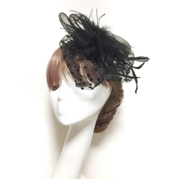 【Veil feather】帽子みたいなヘッドアクセ＊チュールとフェザーのブラックヘッドドレス♥ 2枚目の画像