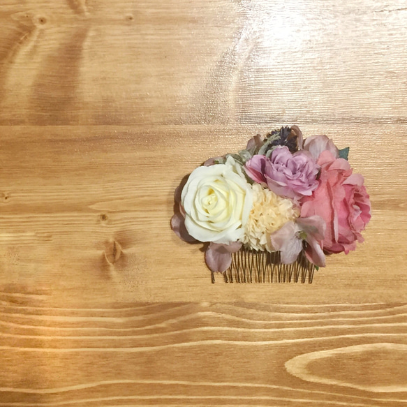 【花摘みコーム】♯001 アンティークピンクとクリーム・ローズやラベンダーかんざし[№301] 5枚目の画像