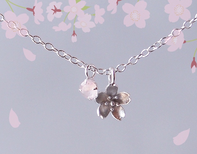 ひとひらの春 桜とローズクォーツのネックレス 横タイプ｜春-Spring｜SILVER925｜シルバーカラー