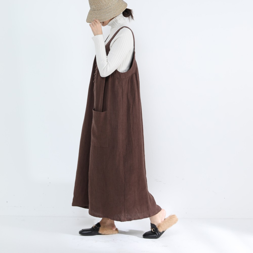 リネン100％　キャザーたっぷり　ゆったりサロペットパンツ・ブラウン