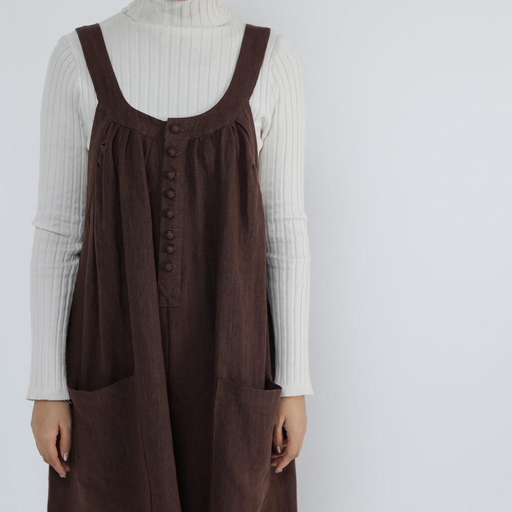 リネン100％　キャザーたっぷり　ゆったりサロペットパンツ・ブラウン