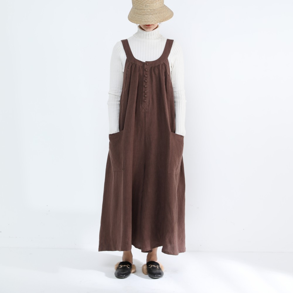 リネン100％　キャザーたっぷり　ゆったりサロペットパンツ・ブラウン