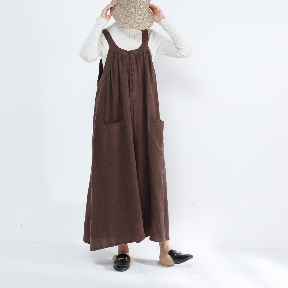 リネン100％　キャザーたっぷり　ゆったりサロペットパンツ・ブラウン