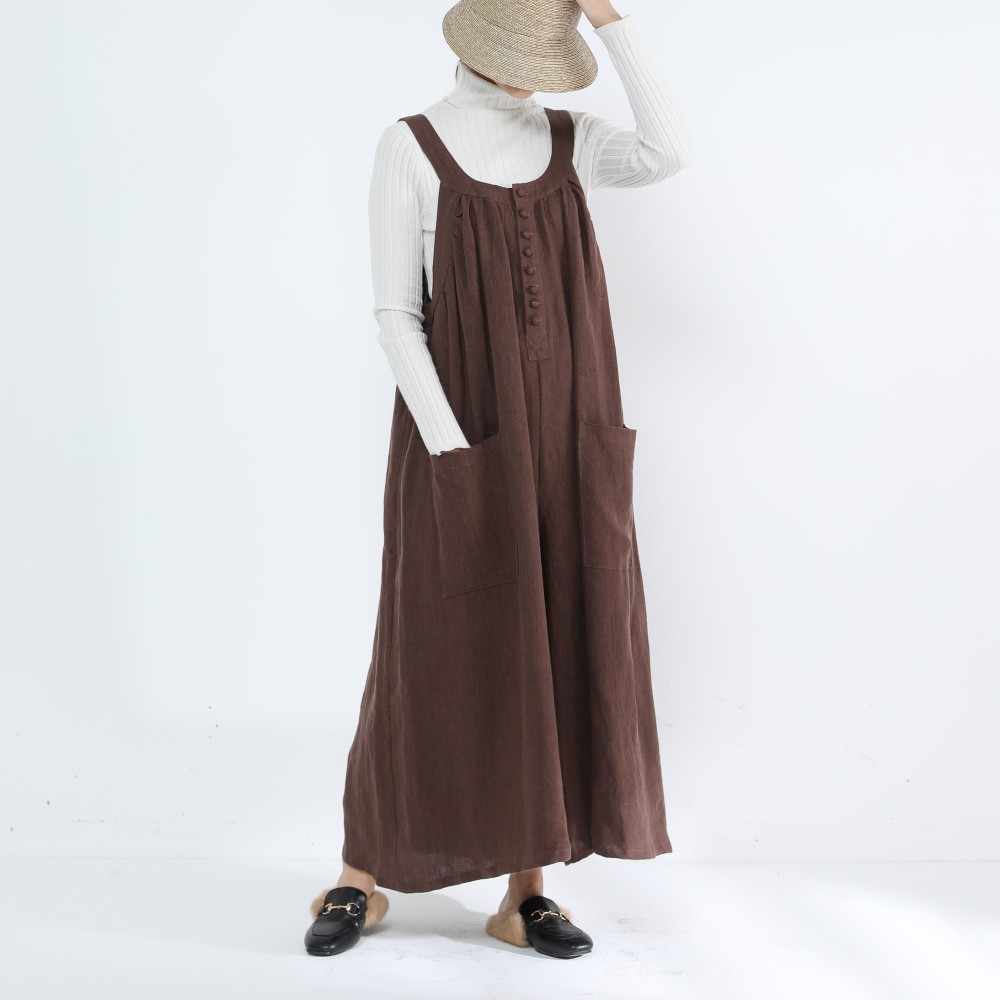 リネン100％　キャザーたっぷり　ゆったりサロペットパンツ・ブラウン