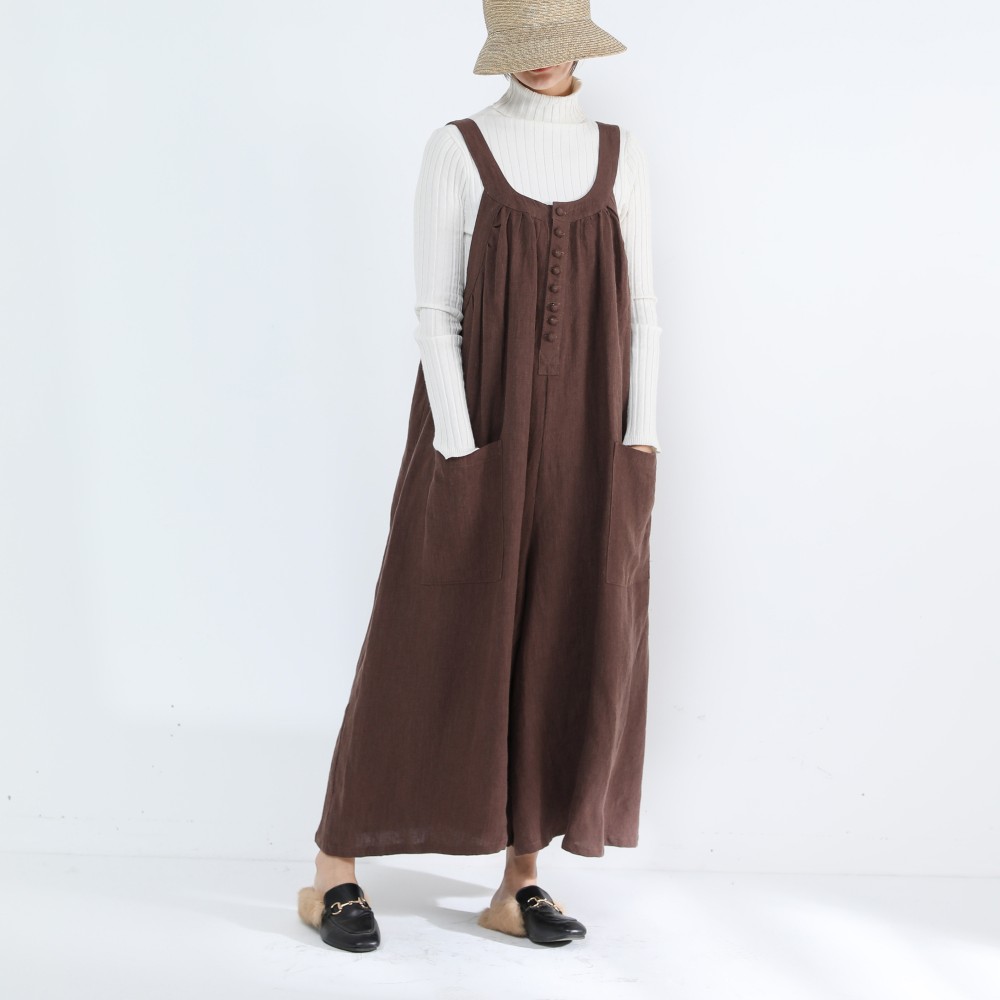 リネン100％　キャザーたっぷり　ゆったりサロペットパンツ・ブラウン