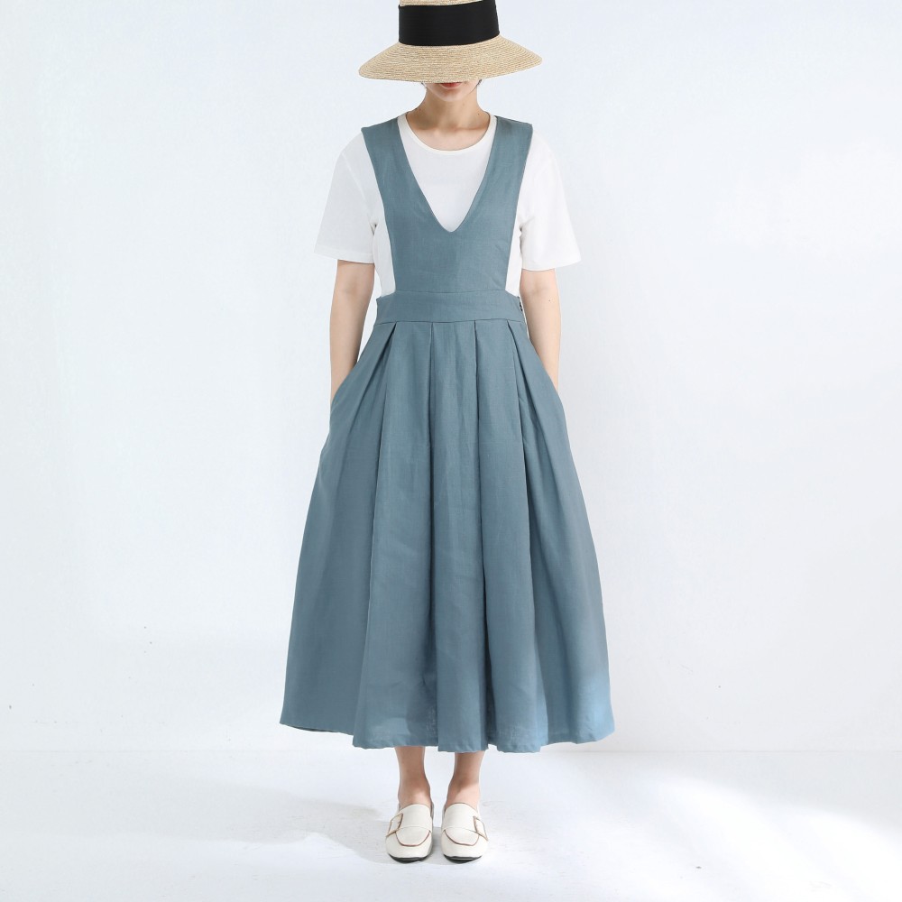 ジャンパースカート・タック・リネン100％・エタインブルー