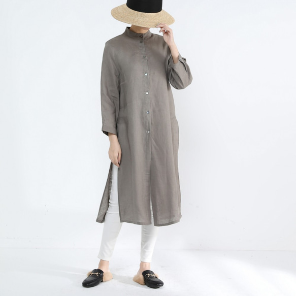 【最終価格】極美品イネド リネン100%シャツワンピース スタンドカラー 日本製 最終価格】美品イネド リネン100%シャツワンピース スタンド