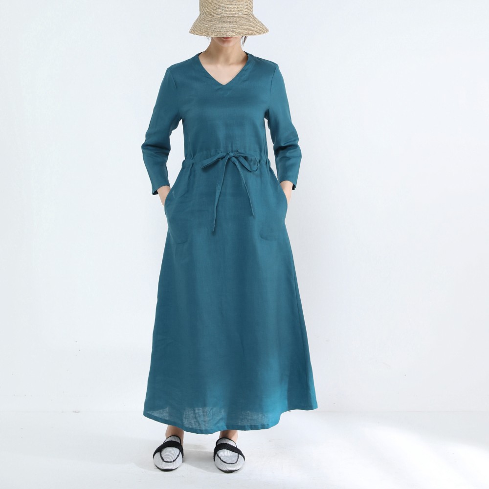Vネックウェストリボンロングワンピース・リネン100％・ターコイズブルー·サイズオーダーok