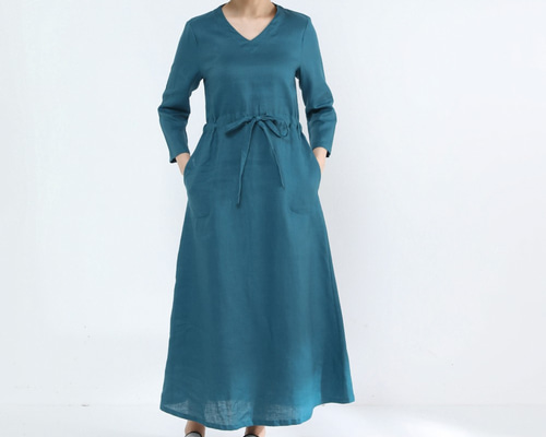 厚手リネン後ろリボンロングコートワンピースネイビー美品 春の羽織もの」 気楽なフォーマル着 ロング コート ワンピース前開き