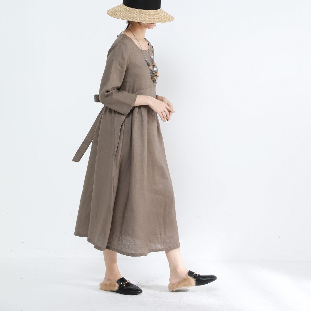 リボンギャザーワンピース・リネン100％・モカブラウン·サイズオーダーok