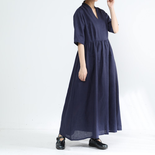 DES PRES Vネック長袖ワンピース 紺 ウエストリボン ストレッチ