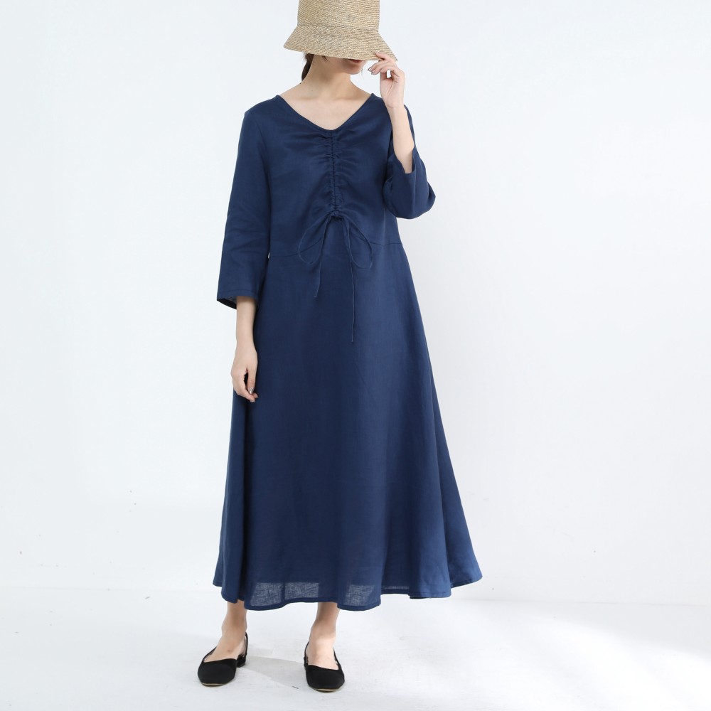 ネストローブ★バックギャザーロングワンピース シャツワンピース リネン100% リネンバンドカラーシャツワンピース｜nest Robe / CONFECT