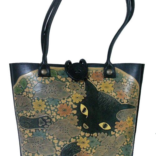 猫のデザイン、バッグ.財布.小物等。アートレザークラフト New手提げ