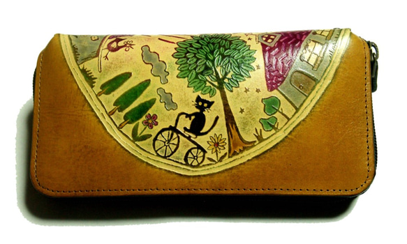 猫のデザイン　バッグ　財布等　レザークラフト ndロング財布自転車猫 catwalk oikawa 1枚目の画像