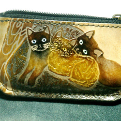 猫のデザイン レザークラフト siamese cat f小銭入れポーチ catwalk