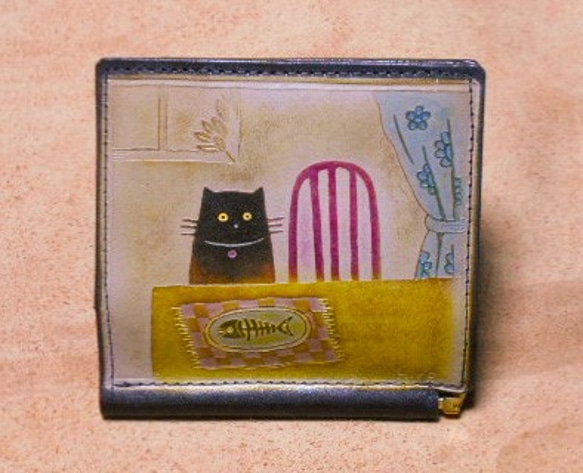 catwalk oikawaアートレザークラフト　money bill clip 札ハサミ財布　テーブル猫 1枚目の画像