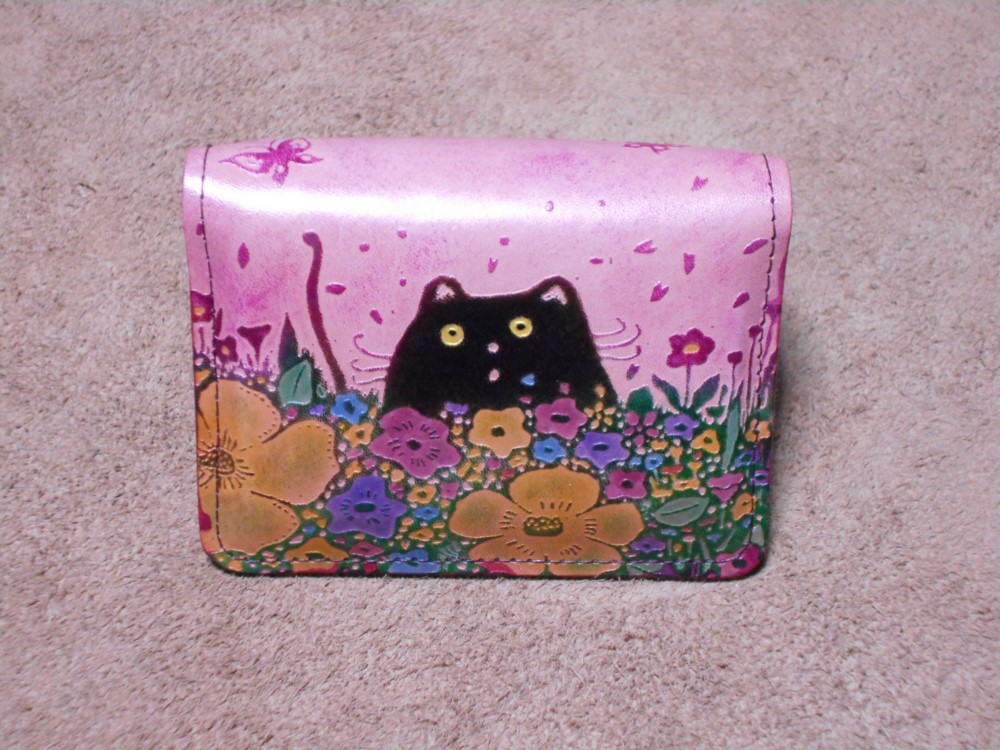 猫のデザイン　レザークラフト　名刺入れ　オール手染めヌメ皮革