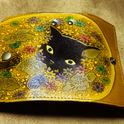 猫のデザイン バッグ 財布等 レザークラフト oldキーケース 花畑猫