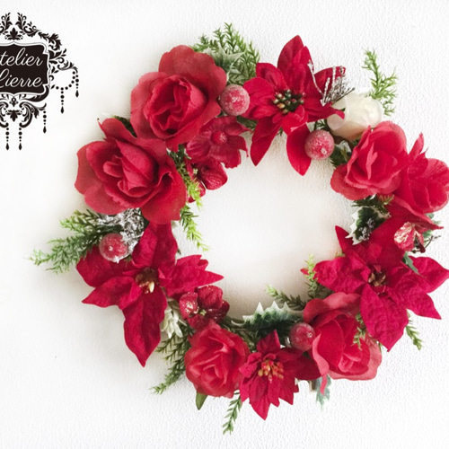 X“masポインセチアとローズのクリスマスリース X”masポインセチアと
