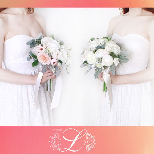 ✩お値下げ中✩ ウェディングブーケ　ブートニア付き　前撮り　結婚式 白 くすみピンク クラッチブーケ ブートニア 結婚式 前撮り