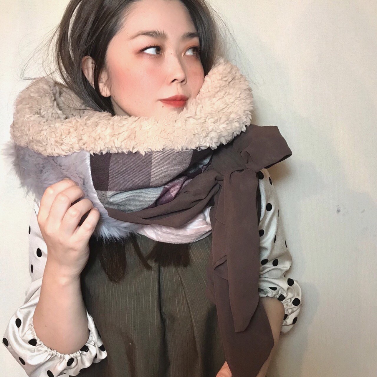 ■10日内発送■【再販】『creema限定』たっぷりボアと、大きなリボンのロングスヌード。ファー あったかニット冬