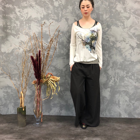 ■限時20折優惠■「棕灰色，優雅氣質。亞麻寬褲」 鬆緊腰身 寬鬆夏季亞麻 夏季 第2張的照片