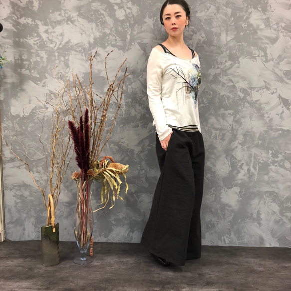 ■限時20折優惠■「棕灰色，優雅氣質。亞麻寬褲」 鬆緊腰身 寬鬆夏季亞麻 夏季 第5張的照片
