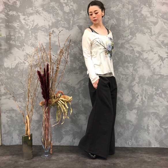 ■限時20折優惠■「棕灰色，優雅氣質。亞麻寬褲」 鬆緊腰身 寬鬆夏季亞麻 夏季 第4張的照片