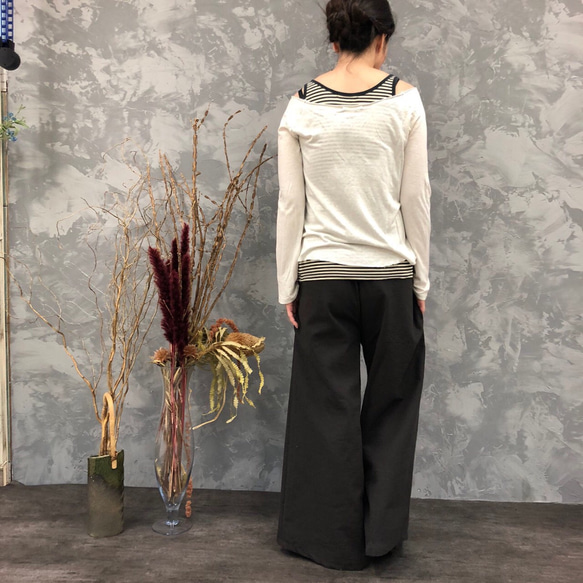 ■限時20折優惠■「棕灰色，優雅氣質。亞麻寬褲」 鬆緊腰身 寬鬆夏季亞麻 夏季 第6張的照片