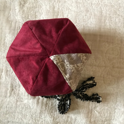 【再販】 ダマスク柄と深みボルドーリボンベレー帽。ふわもこ ふんわりニット ファー ボルドー 秋 冬 3枚目の画像