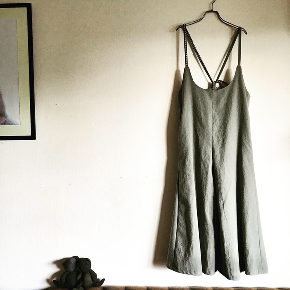 【再販】■10日内発送■グレイッシュカーキで大人の魅力。「秋リネンサロペットパンツ」麻 ロンパース ワイドパンツ 10枚目の画像