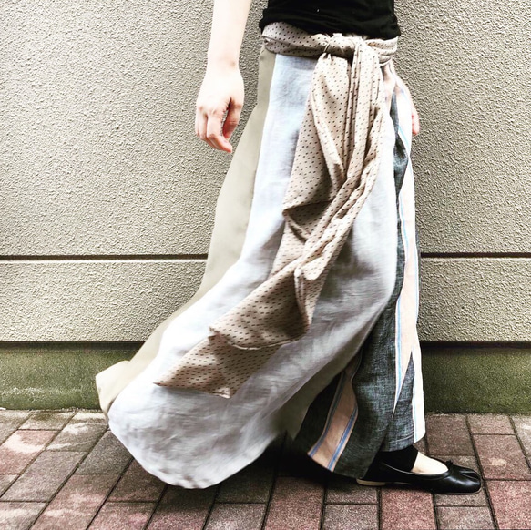 [5/18 再次上架] [春季米色] 喇叭形長裙，採用優質亞麻和 4 種材料製成。長裙彈性腰夏季 第9張的照片