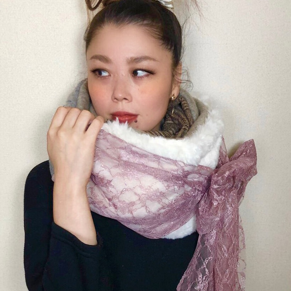 ■10日内発送■【再販】レース使いで印象的に。愛されスヌード。ファー ボア あったかニット もこもこ エコファー 冬 1枚目の画像