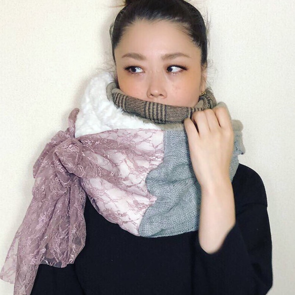 ■10日内発送■【再販】レース使いで印象的に。愛されスヌード。ファー ボア あったかニット もこもこ エコファー 冬 2枚目の画像