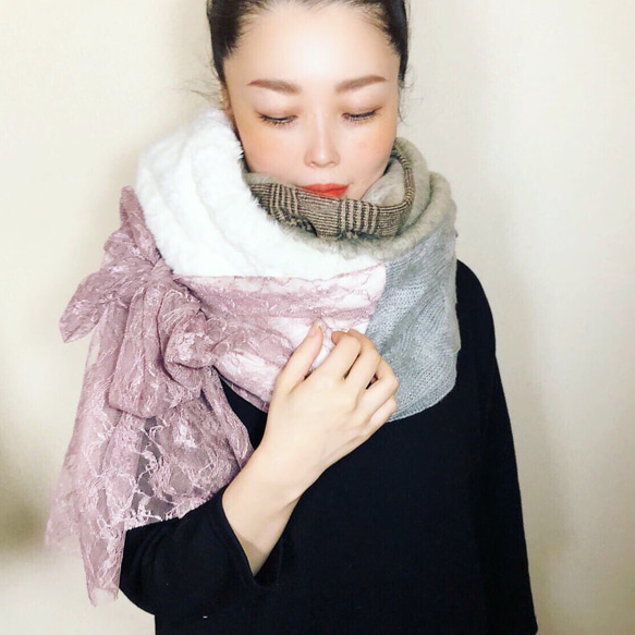 ■10日内発送■【再販】レース使いで印象的に。愛されスヌード。ファー ボア あったかニット もこもこ エコファー 冬 3枚目の画像