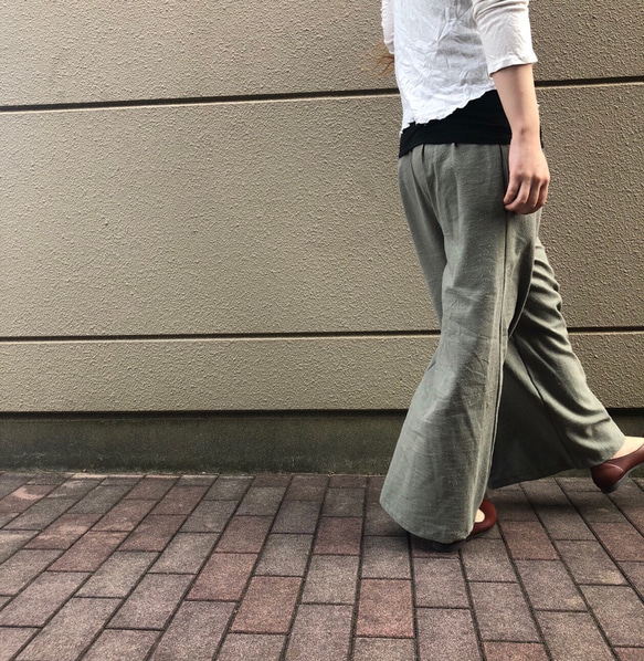 ■限時20折優惠■寬鬆『優雅灰卡其色。亞麻寬褲’鬆緊腰身卡其色夏季 第4張的照片