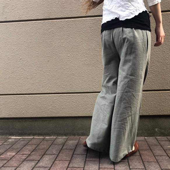 ■限時20折優惠■寬鬆『優雅灰卡其色。亞麻寬褲’鬆緊腰身卡其色夏季 第5張的照片