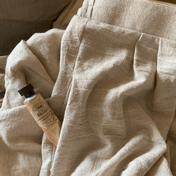 ■3天內出貨■【補貨】寬鬆「亞麻寬褲」米色/米白色鬆緊腰寬鬆褲，適合秋季 第8張的照片