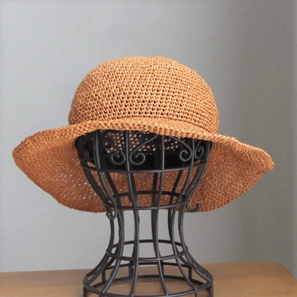 手編み＊シンプル麦わら帽子（オレンジ・56cm） 2枚目の画像