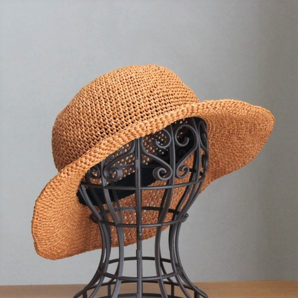 手編み＊シンプル麦わら帽子（オレンジ・56cm） 3枚目の画像