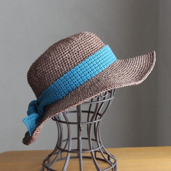 手編み＊麦わら帽子（セピア・56cm） 1枚目の画像