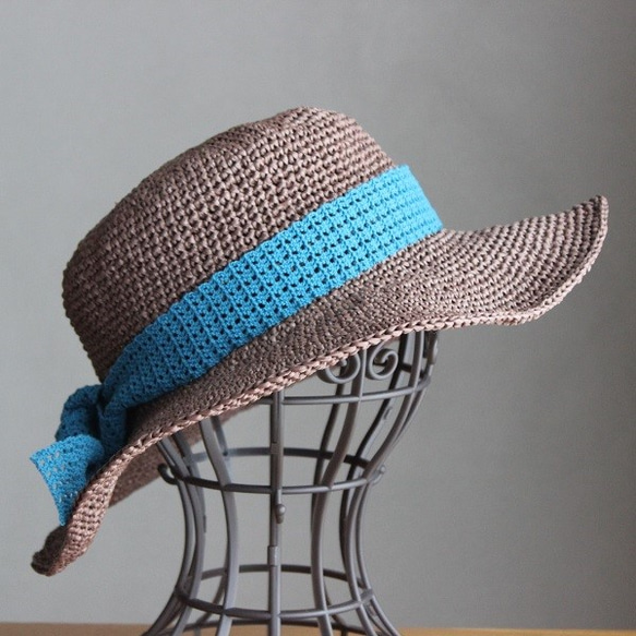手編み＊麦わら帽子（セピア・56cm） 4枚目の画像