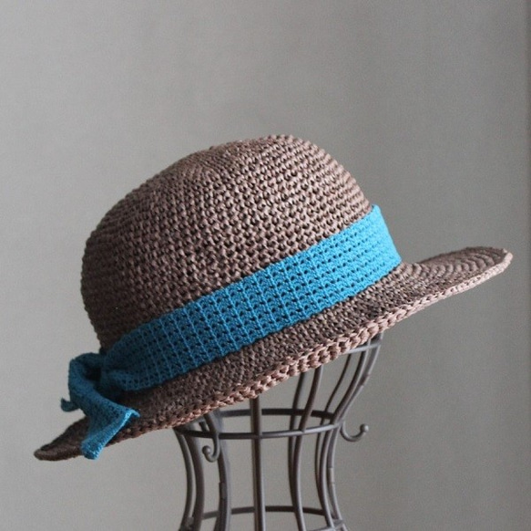 ＊手編み＊リボンを選べる麦わら帽子（セピア・55cm） 5枚目の画像