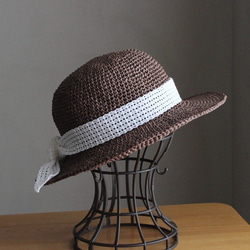 ＊手編み＊リボンを選べる麦わら帽子（セピア・55cm） 2枚目の画像