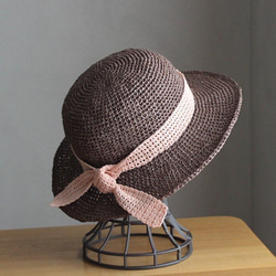 ＊手編み＊リボンを選べる麦わら帽子（セピア・55cm） 7枚目の画像
