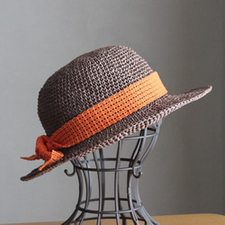 ＊手編み＊リボンを選べる麦わら帽子（セピア・55cm） 3枚目の画像