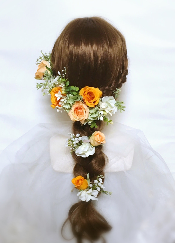 ラプンツェル風ヘッドドレス＊ナチュラル小花×オレンジローズ 2枚目の画像