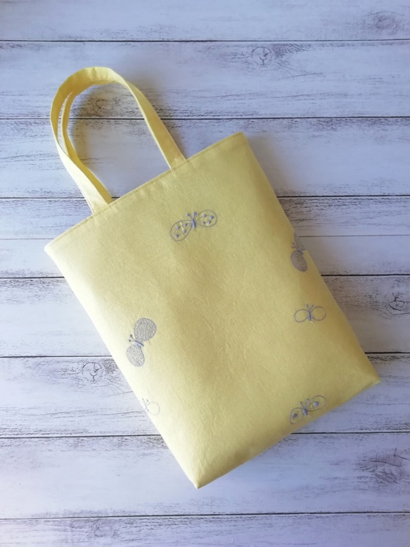 SALE★ミナペルホネンchoucho刺繍生地リネンのシンプルミニバッグ/yellow 5枚目の画像