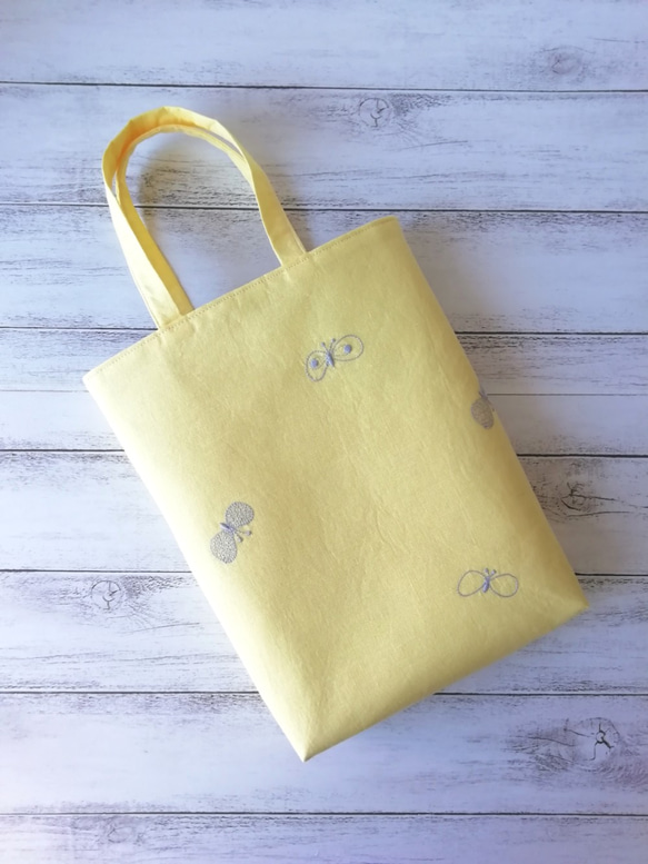 SALE★ミナペルホネンchoucho刺繍生地リネンのシンプルミニバッグ/yellow 6枚目の画像